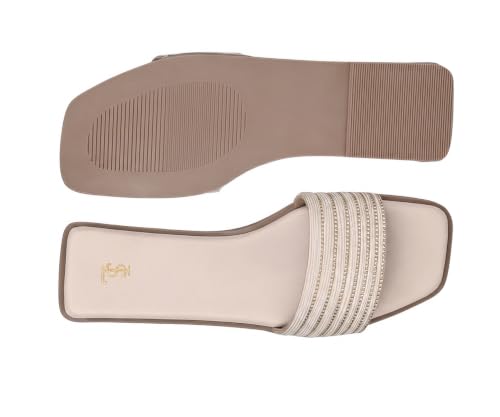 LOUIS STITCH Women’s Pearl White Elegant Flat Sandals with Rhinestone Studded Straps | The Embellished Series | Luxury Comfort Slip-On Flats for Women | Perfect for Travel, Casual & Daily Wear | LSLD-FL05-GD | UK-5