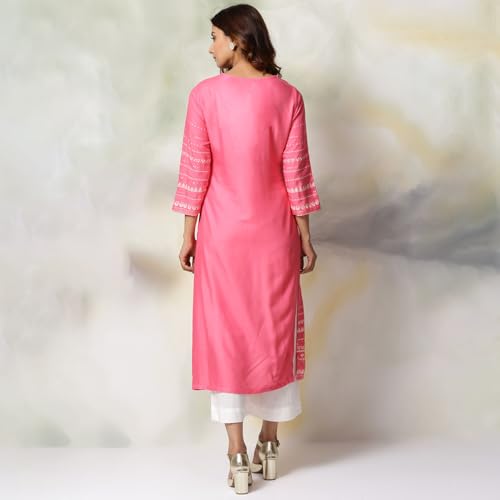 BIBA Women Pink Rayon Straight Kurta Palazzo Suit Set_46