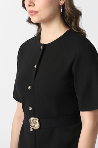 Women Black Solid Calf-Length Party Dress