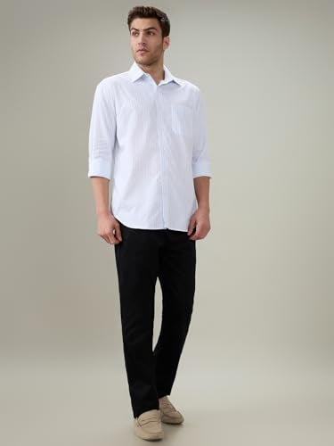 Raymond Men Regular Fit Stripe Pattern Pure Cotton Semi Cutaway Collar Full Sleeve Formal Shirt Blue