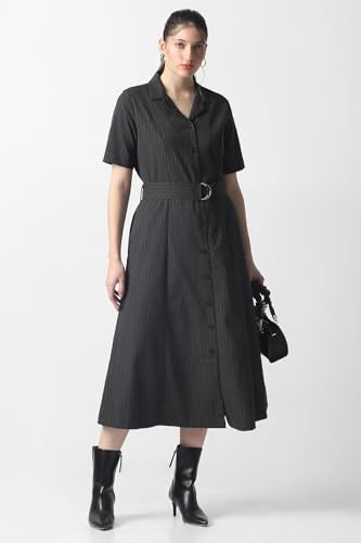 Women Black Stripe Calf-Length Formal Dress
