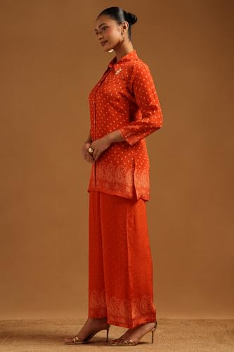 Soch Womens Orange Crepe Bandhani Printed Co-Ords Set