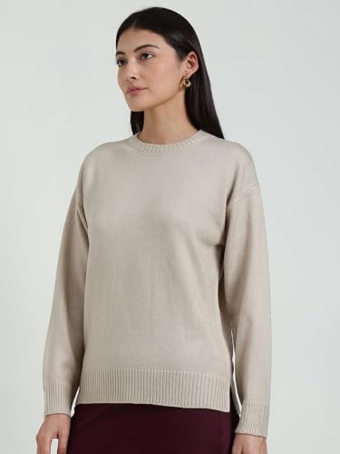 FableStreet Women Pullover Sweater | Loose Fit Round Neck Solid Design | Soft Acrylic Fabric & Ribbed Hemline for Autumn-Winter Casual & Everyday Wear Beige