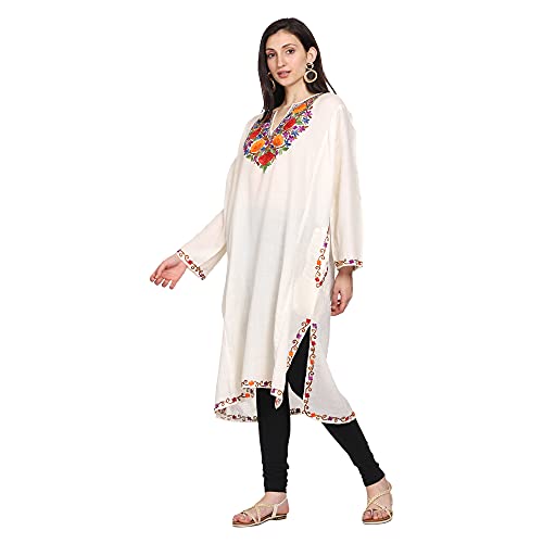 CRAFTBAZAR Kashmiri White phiran with Multi Colour Embroidery 100% Wool Plus Size