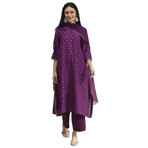 Biba Women Purple Polyseter Blend Straight Printed Kurta Set_32