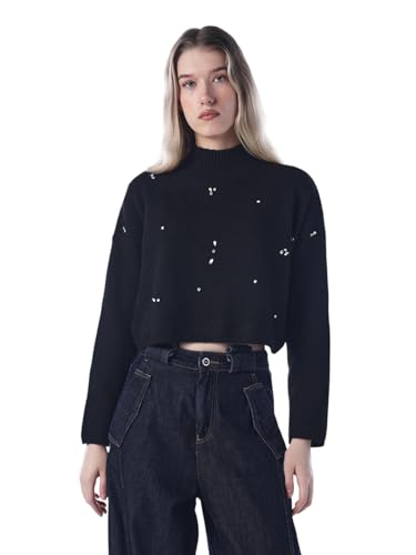 ONLY Women's Self Design Regular Fit Black Sweater