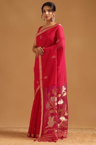 Soch Womens Fuchsia Organza Zari Woven Botanical Tassels Saree