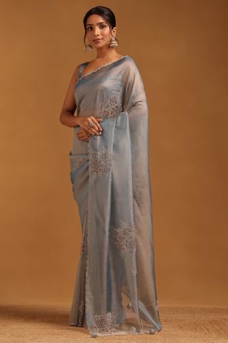 Soch Womens Blue Tissue Floral Saree With Stone Work
