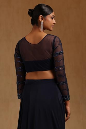 Soch Womens Navy Blue Spandex Solid Ready to Wear Saree