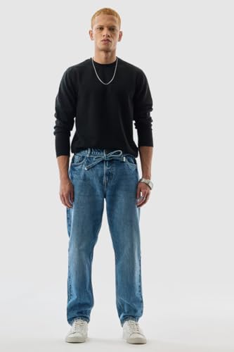 SNITCH Men's Clean Look Jeans | Casual Wear| College Street Wear Streetwear Style | Baggy Fit Button Blue