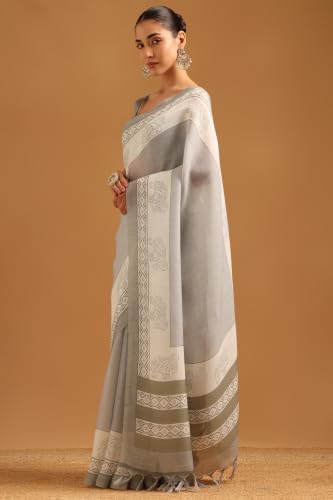 Soch Womens Grey Linen Ethnic Motifs Printed Saree
