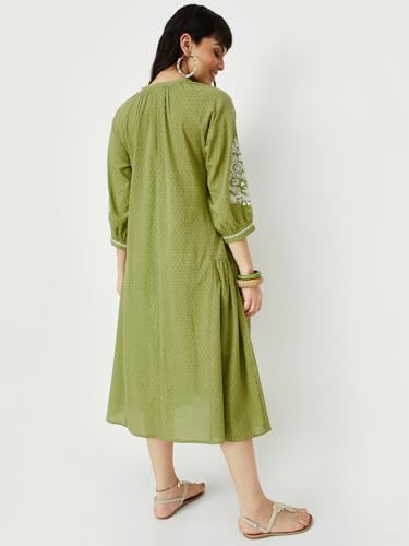 Max Women Embroidered A-line Dress (QRBG34008GREEN)_S