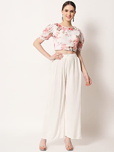 ANTHARI DESIGNER Women's Floral Printed Indian Ethnic wear Georgett Puffy Sleeve Round Neck Line Frill Pattern White Saree Blouse Simple Trendy Blouse White