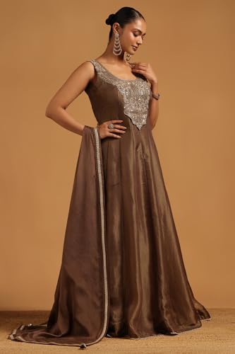 Soch Womens Olive Tissue Floral Gown with Beads and Stones