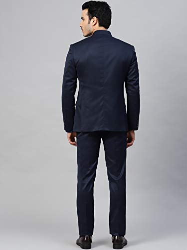 MANQ Men Navy Blue Solid Slim Fit Bandhgala Suit (Size:40)