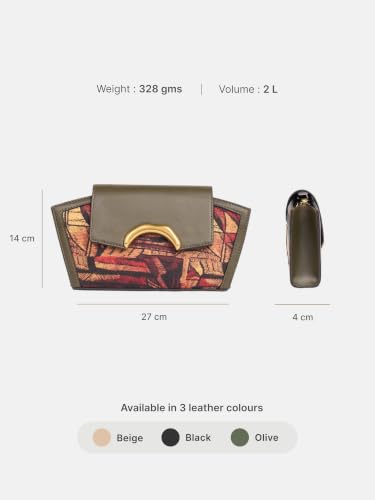 ZOUK Women's Zareen Olive Clutch Bag with Detachable Sling Strap | Vegan Leather | Geometric Gold Jewel-toned Print | Wedding, Party, Formal