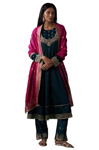Wishful Women's Teal Green Heavy Embroidered Sequined Anarkali Kurta with Straight Pant and Dupatta Set (SP12842-401056-S)