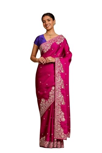 Taneira Women Pink Viscose Satin Embroidered Saree With Unstitched Blouse Piece (SAPP10AC5305-Pink)