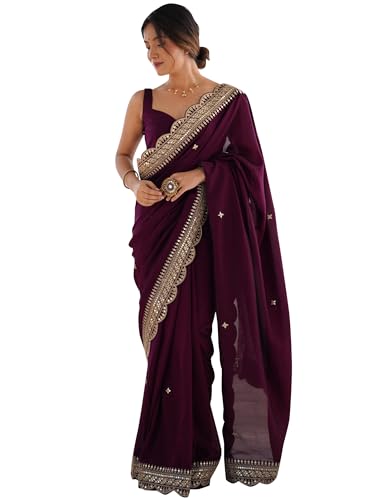 AKHILAM Women's Purple Vichitra Silk Embellished Saree With Unstitched Blouse Piece (RADHA5002_RX)