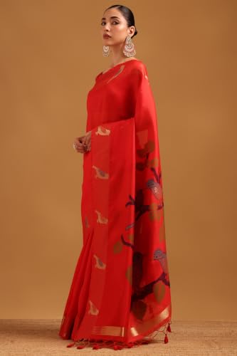 Soch Womens Red Tussar Zari Woven Bird Motifs Saree