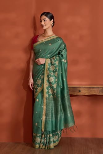 Taneira Women Dark Green Bengal Pure Silk Linen Embroidered Saree with Unstitched Blouse Piece (SAPH01AB0675-Dark Green)