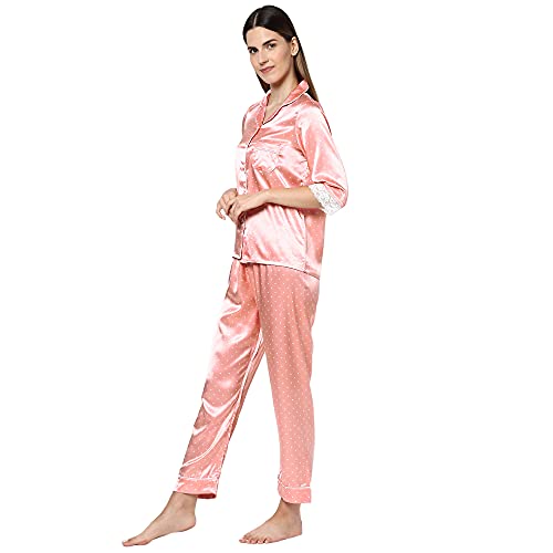 Sweet Dreams Women Satin Polka Dots 3/4th Sleeve Shirt & Pyjama Set-Peach-M