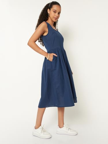 Max Women Solid Fit & Flared Dress (Blue_S)