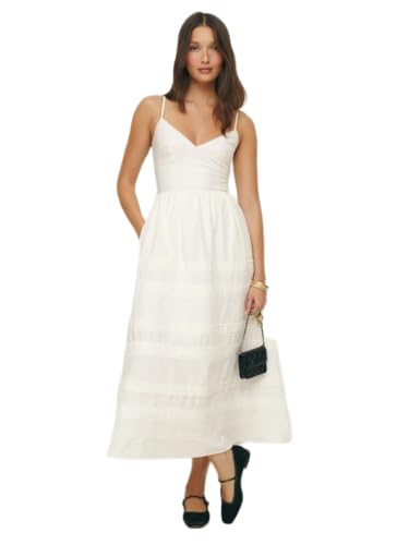 Tomber Amoureux Women’s XS Fitted Midi | White Cotton Fabric | V-Neck | Solid Sleeveless Design