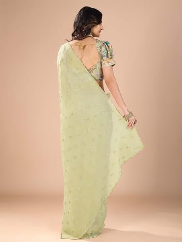 AKHILAM Women's Light Green Tissue Sequins Work Saree With Unstitched Blouse Piece (RANI2601_RN)