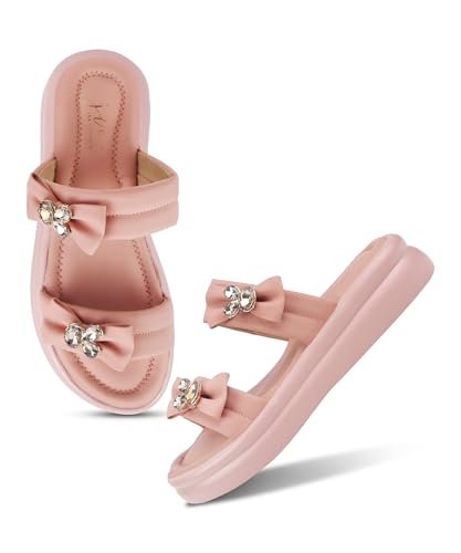 JM LOOKS Women Open Toe Stone Embellished Platform Heels Sandals with Bows Peach