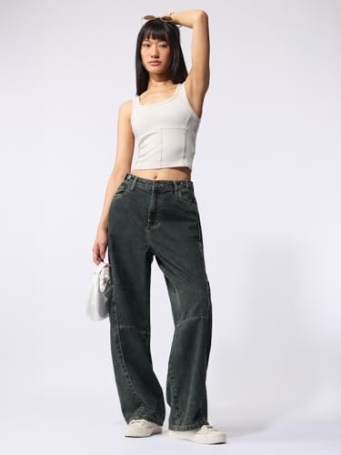 The Souled Store Mirage: Women and Girls Adjustable Waistband with Flex-Fit Tabs Charcoal Grey Washed Cotton Denim Barrel Fit Lightweight Breathable All-Season Everyday Denim Jeans