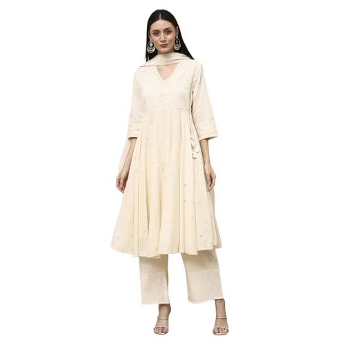 BIBA Women Off-White Cotton Schiffli Anarkali Suit Set_40