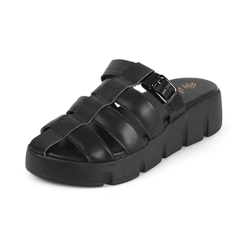 tresmode MAXIMUS Women's Wedges Sandals Platform Heels Black, 5 UK / 38 EU - Round Toe Chunky Sole Stylish Comfortable Soft Footwear