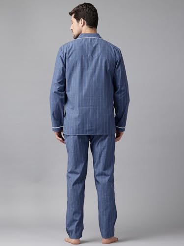 English Navy Men Checked Relaxed Fit Night Suit Blue Size 42, Comfortable Relaxed fit for Lounging, Perfect for Bedtime and Home wear, Gentle on Skin for All Night Comfort