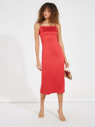 Styli Women Solid Strappy Sheath Midi Dress | Sleeveless with Shoulder Straps | Elegant Midi Length | Straight Hemline | Zip Closure | Perfect for Parties & Casual Occasions Red