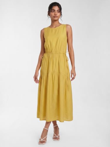 Max Women Solid Midi Dress (Yellow_XS)
