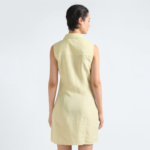 Calvin Klein Linen Green Solid Shirt Collar Sleeveless Women Shirt Dress (XS)