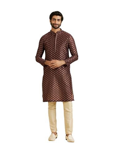Manyavar Men's Art Silk Textured Kurta Pyjama Set(Brown,S)