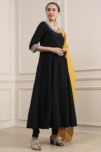 Biba Women Black Polyester Blend Solid Anarkali Suit Set_32