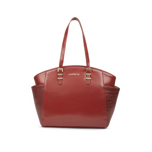 Caprese Macie Medium Alpine Oat Tote Bag for Women | Solid Faux Leather Shoulder Handbag with Spacious Interior & Zipper Closure | Fits Up to 16-Inch Laptop | Office & Travel Use (Cherry Lacquer)
