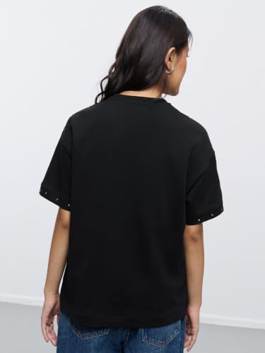 The Souled Store Oversized T-Shirt: Supernova Women and Girls Short Sleeves Round Neck Black Graphic Printed Cotton Oversized Fit Breathable Everyday Streetwear T-Shirts