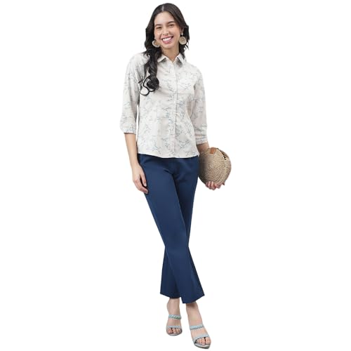 Latin Quarters Women Blue 3/4 Sleeve Shirt Collar Floral Top_XXXL