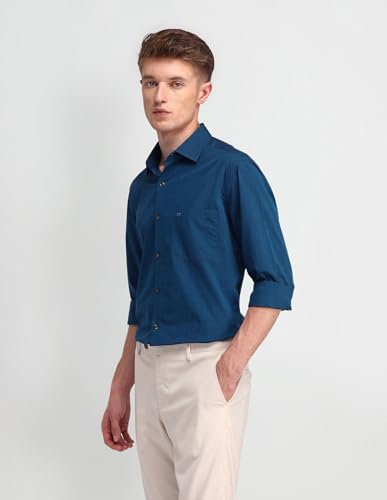 Arrow Men's Blue Solid - Cutaway Collar Full Sleeves Formal Shirt with Chest Pocket | Cotton Fabric | Slim Fit
