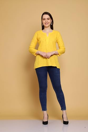 Ada Hand Embroidered Lucknowi Chikankari Cotton Straight Short Top Kurti for Women A911309 Yellow (M)