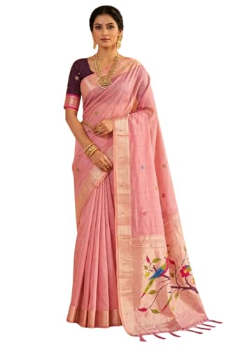 SGF11 Women's Cotton Linen Soft Silk Saree With Unstitched Blouse Piece (Pink)