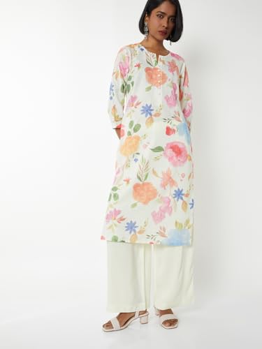 Max Women Floral Print Straight Kurta Set (White_M)