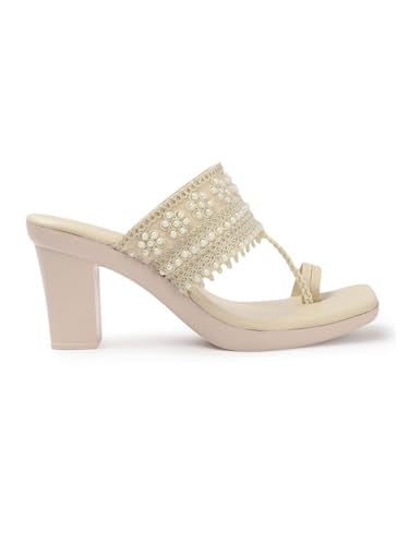 AROOM, Women's One Toe Block Heels Sandals Comfortable & Stylish Sandals for Women & Girls (Cream, UK Footwear Size System, Adult, Women, Numeric, Narrow, 8)