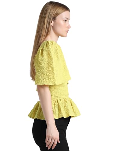 ONLY Women Self Design Polyester Blend Fit & Flare Yellow Peplum Top