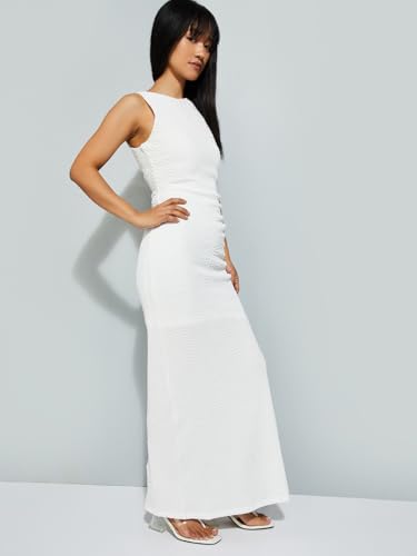 Max Women's Polyester Blend A-Line Below The Knee Dress (W25DRS07_Ivory