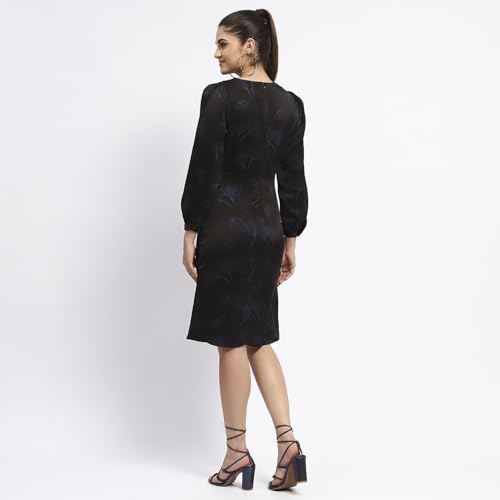 Madame Abstract Print Surplice Neck Black Midi Dress